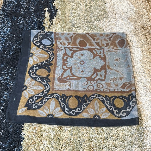 Vintage Multicolor Patterned Scarf Sheer Hair Wrap Brown Blue & Black Hues 34" - Picture 7 of 7